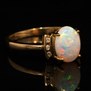 Blue Green and Pink Yellow Gold Solid Australian Crystal Opal Ring Engagement Ring with Diamonds