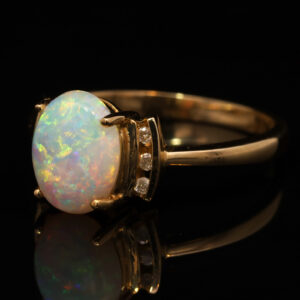 Blue Green and Pink Yellow Gold Solid Australian Crystal Opal Ring Engagement Ring with Diamonds