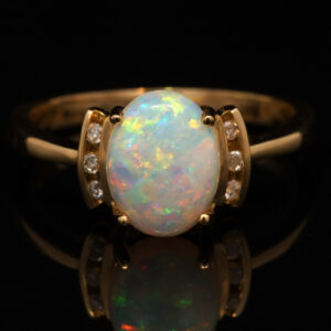 Blue Green and Pink Yellow Gold Solid Australian Crystal Opal Ring Engagement Ring with Diamonds