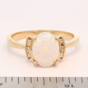 Blue Green and Pink Yellow Gold Solid Australian Crystal Opal Ring Engagement Ring with Diamonds