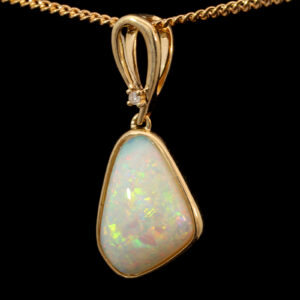 Yellow Gold Blue Green Yellow Orange Pink Solid Australian Crystal Opal and Diamond Pendant Necklace