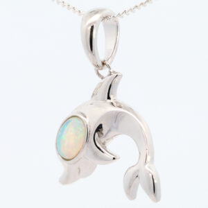 Sterling Silver Blue Green Crystal Opal Dolphin Pendant Necklace