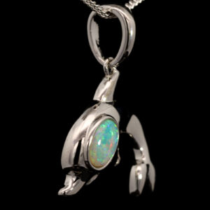 Sterling Silver Blue Green Crystal Opal Dolphin Pendant Necklace