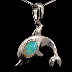 Sterling Silver Blue Green Crystal Opal Dolphin Pendant Necklace