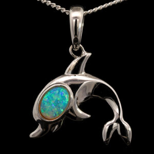 Sterling Silver Blue Green Crystal Opal Dolphin Pendant Necklace