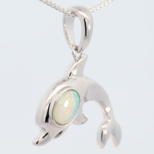 Sterling Silver Blue Green Crystal Opal Dolphin Pendant Necklace