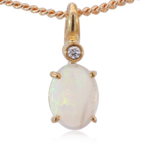 Yellow Gold Blue Green Yellow Orange Solid Australian Crystal Opal and Diamond Pendant Necklace