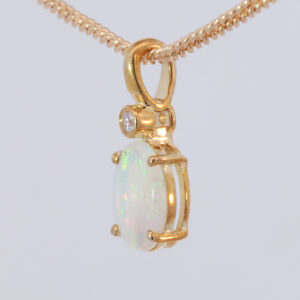 Yellow Gold Blue Green Yellow Orange Solid Australian Crystal Opal and Diamond Pendant Necklace