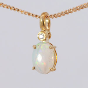 Yellow Gold Blue Green Yellow Orange Solid Australian Crystal Opal and Diamond Pendant Necklace