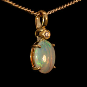Yellow Gold Blue Green Yellow Orange Solid Australian Crystal Opal and Diamond Pendant Necklace