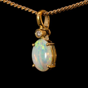 Yellow Gold Blue Green Yellow Orange Solid Australian Crystal Opal and Diamond Pendant Necklace