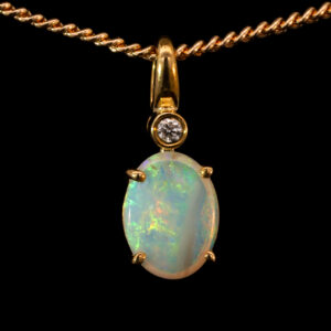 Yellow Gold Blue Green Yellow Orange Solid Australian Crystal Opal and Diamond Pendant Necklace