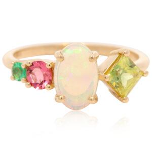 Yellow Gold Solid Australian Crystal Opal Parti Sapphire Pink Tourmaline and Emerald Engagement Ring