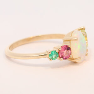 Yellow Gold Solid Australian Crystal Opal Parti Sapphire Pink Tourmaline and Emerald Engagement Ring