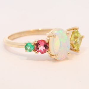 Yellow Gold Solid Australian Crystal Opal Parti Sapphire Pink Tourmaline and Emerald Engagement Ring