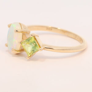 Yellow Gold Solid Australian Crystal Opal Parti Sapphire Pink Tourmaline and Emerald Engagement Ring