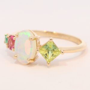 Yellow Gold Solid Australian Crystal Opal Parti Sapphire Pink Tourmaline and Emerald Engagement Ring