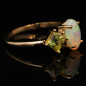 Yellow Gold Solid Australian Crystal Opal Parti Sapphire Pink Tourmaline and Emerald Engagement Ring