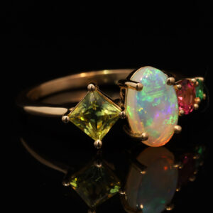 Yellow Gold Solid Australian Crystal Opal Parti Sapphire Pink Tourmaline and Emerald Engagement Ring