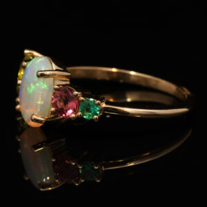 Yellow Gold Solid Australian Crystal Opal Parti Sapphire Pink Tourmaline and Emerald Engagement Ring