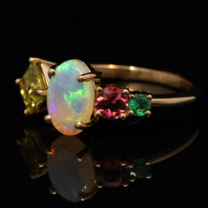 Yellow Gold Solid Australian Crystal Opal Parti Sapphire Pink Tourmaline and Emerald Engagement Ring