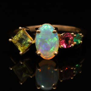 Yellow Gold Solid Australian Crystal Opal Parti Sapphire Pink Tourmaline and Emerald Engagement Ring