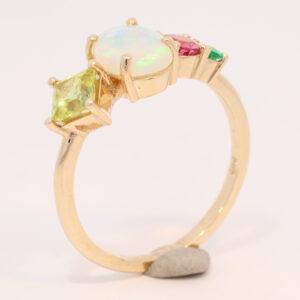 Yellow Gold Solid Australian Crystal Opal Parti Sapphire Pink Tourmaline and Emerald Engagement Ring