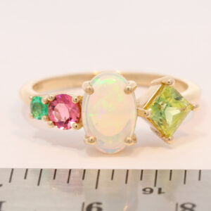 Yellow Gold Solid Australian Crystal Opal Parti Sapphire Pink Tourmaline and Emerald Engagement Ring