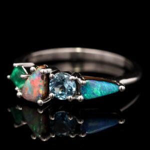 White Gold Solid Australian Boulder Opal Emerald and Topaz Engagement Ring