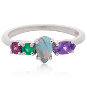 White Gold Solid Australian Boulder Opal Amethyst, Pink Sapphire Emerald Engagement Ring