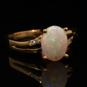 Yellow Gold Blue Green Yellow Orange Solid Australian Crystal Opal and Diamond Engagement Ring