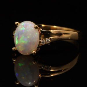 Yellow Gold Blue Green Yellow Orange Solid Australian Crystal Opal and Diamond Engagement Ring