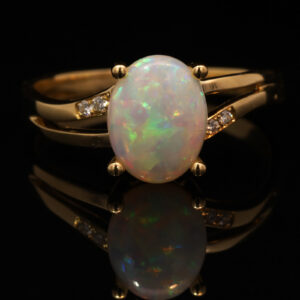 Yellow Gold Blue Green Yellow Orange Solid Australian Crystal Opal and Diamond Engagement Ring