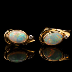 Yellow Gold Blue Green Yellow Orange Pink Solid Australian Crystal Opal and Diamond Earrings