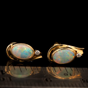 Yellow Gold Blue Green Yellow Orange Pink Solid Australian Crystal Opal and Diamond Earrings