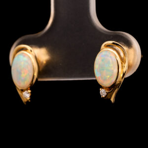 Yellow Gold Blue Green Yellow Orange Pink Solid Australian Crystal Opal and Diamond Earrings