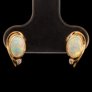 Yellow Gold Blue Green Yellow Orange Pink Solid Australian Crystal Opal and Diamond Earrings