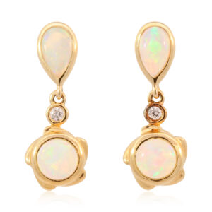 Yellow Gold Blue Green Yellow Orange Pink Solid Australian Crystal Opal and Diamond Earrings