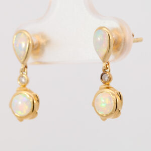 Yellow Gold Blue Green Yellow Orange Pink Solid Australian Crystal Opal and Diamond Earrings