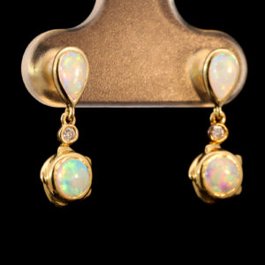 Yellow Gold Blue Green Yellow Orange Pink Solid Australian Crystal Opal and Diamond Earrings