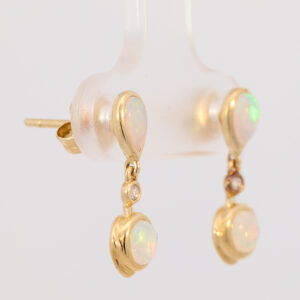 Yellow Gold Blue Green Yellow Orange Pink Solid Australian Crystal Opal and Diamond Earrings