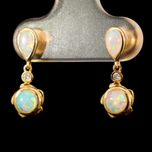 Yellow Gold Blue Green Yellow Orange Pink Solid Australian Crystal Opal and Diamond Earrings