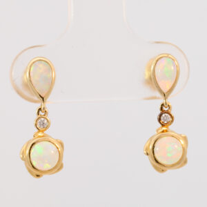 Yellow Gold Blue Green Yellow Orange Pink Solid Australian Crystal Opal and Diamond Earrings