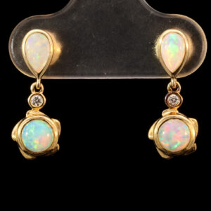 Yellow Gold Blue Green Yellow Orange Pink Solid Australian Crystal Opal and Diamond Earrings