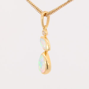 Yellow Gold Blue Green Solid Australian Crystal Opal and Diamond Pendant Necklace