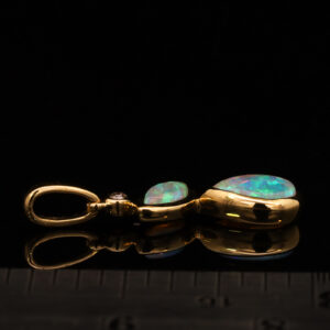 Yellow Gold Blue Green Solid Australian Crystal Opal and Diamond Pendant Necklace