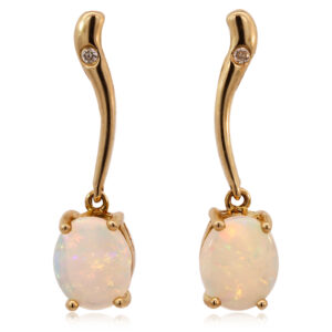 Yellow Gold Blue Green Yellow Orange Solid Australian Crystal Opal and Diamond Earrings