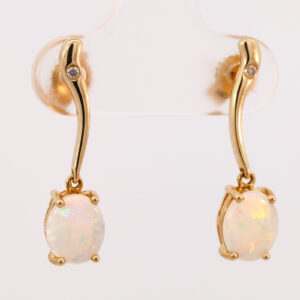 Yellow Gold Blue Green Yellow Orange Solid Australian Crystal Opal and Diamond Earrings