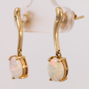 Yellow Gold Blue Green Yellow Orange Solid Australian Crystal Opal and Diamond Earrings