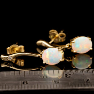 Yellow Gold Blue Green Yellow Orange Solid Australian Crystal Opal and Diamond Earrings